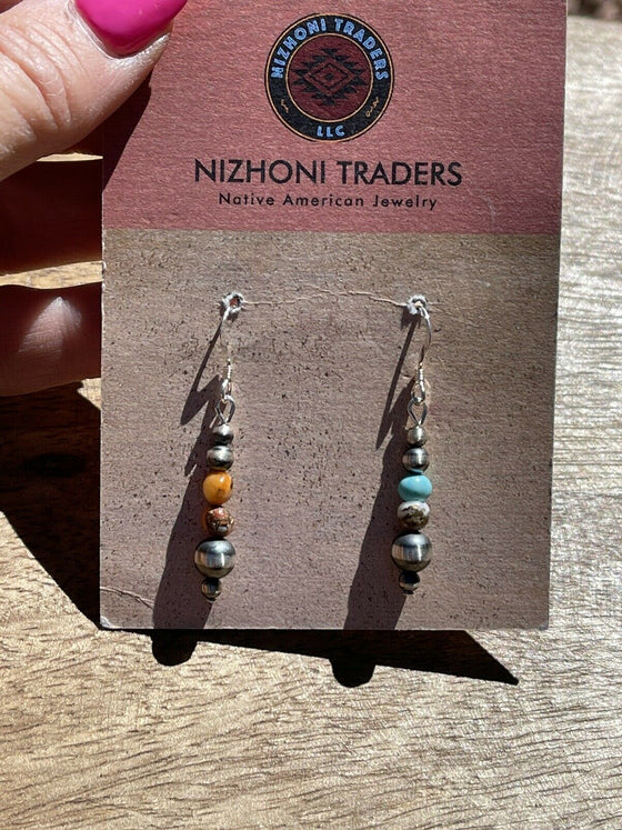 Navajo Sterling Silver Pearl, Turquoise & Spiny Spice Beaded Earrings