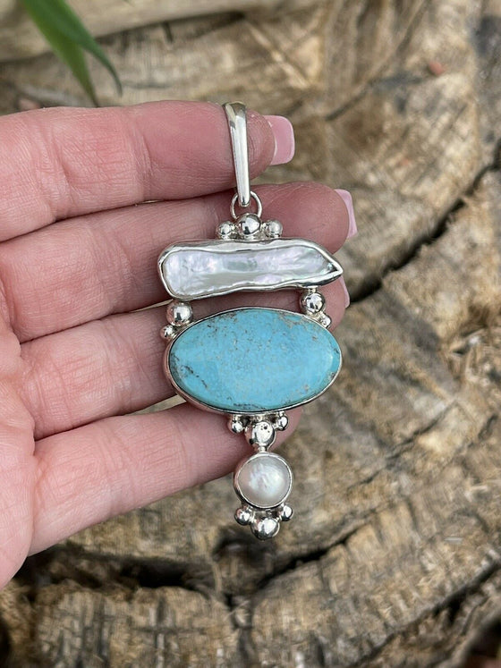 Turquoise & Mother Of Pearl Sterling Silver Navajo Pendant