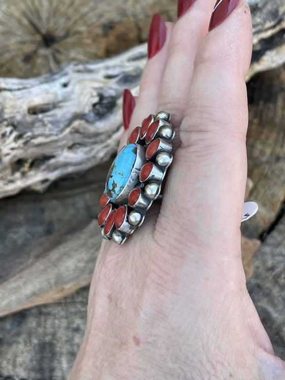 Navajo Sterling Silver Kingman Web Turquoise & Red Coral Taos Ring Sz 7.5