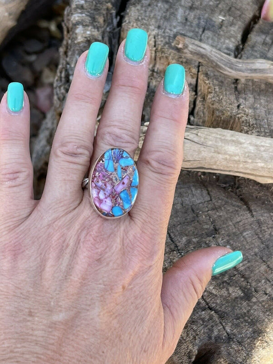 Navajo Pink Dream Mojave & Sterling Silver Rope Style Ring Size 6.5