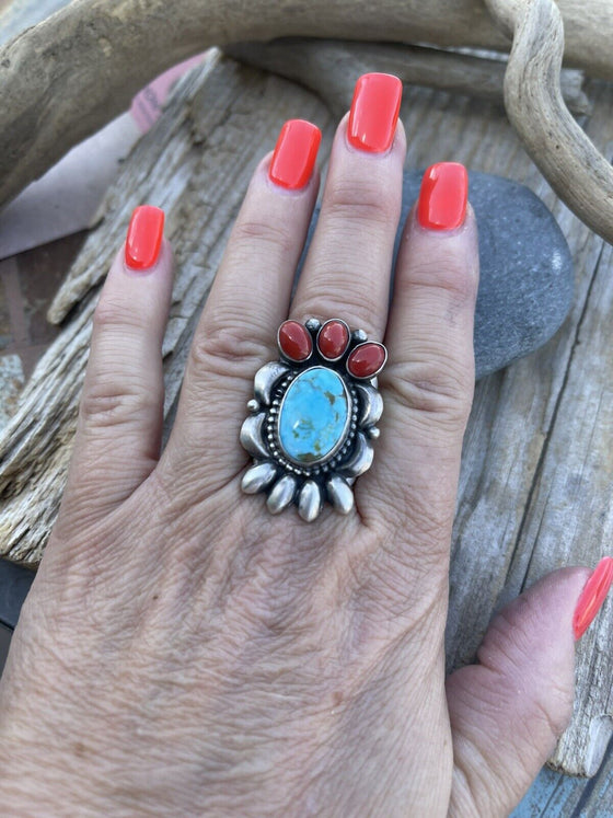 Navajo Sterling Kingman Web Turquoise & Red Coral Taos Collection Ring Sz 7.5