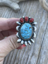 Navajo Sterling Kingman Web Turquoise & Red Coral Taos Collection Ring Sz 6.5