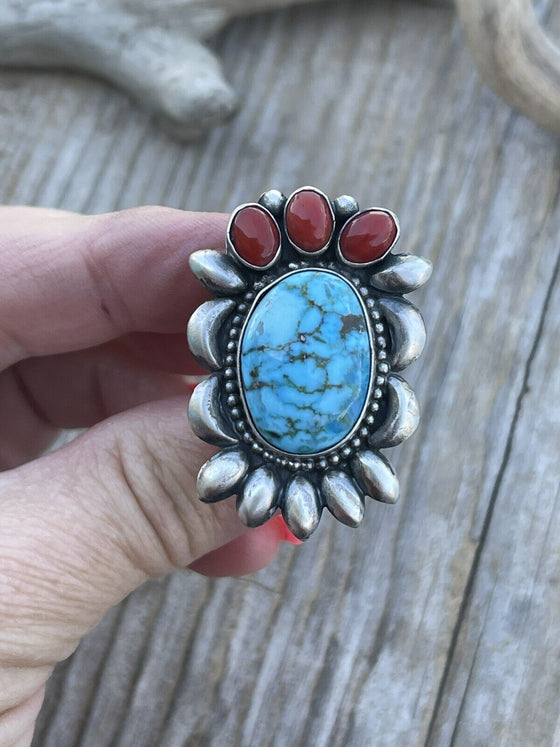 Navajo Sterling Kingman Web Turquoise & Red Coral Taos Collection Ring Sz 6.5