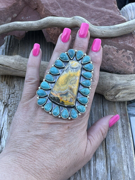 Navajo Sterling Bumblebee and Turquoise Stone Ring Sz 8