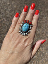 Navajo Sterling Kingman Web Turquoise & Red Coral Taos Collection Ring Sz 6.5