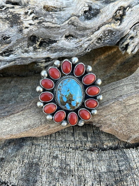 Navajo Sterling Silver Kingman Web Turquoise & Red Coral Taos Ring Sz 7.5