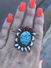 Navajo Sterling Kingman Web Turquoise & Red Coral Taos Collection Ring Sz 6.5