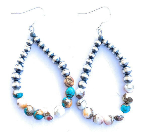 Navajo Sterling Silver Pearl, Turquoise & Spiny Oyster Spice Beaded Multi stone Earrings