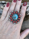 Navajo Sterling Silver Kingman Web Turquoise & Red Coral Taos Ring Sz 7.5