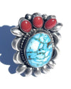 Navajo Sterling Kingman Web Turquoise & Red Coral Taos Collection Ring Sz 6.5