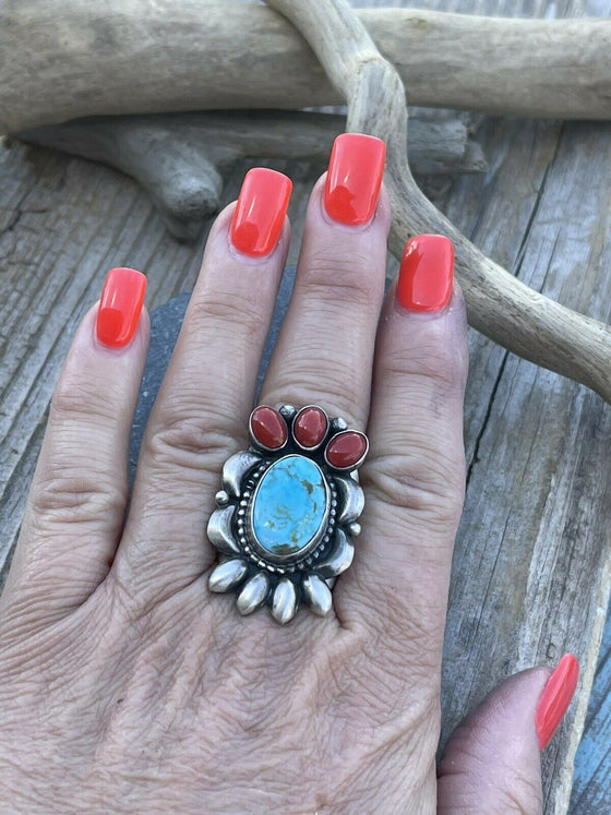 Navajo Sterling Kingman Web Turquoise & Red Coral Taos Collection Ring Sz 7.5