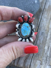 Navajo Sterling Kingman Web Turquoise & Red Coral Taos Collection Ring Sz 7.5