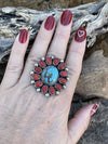 Navajo Sterling Silver Kingman Web Turquoise & Red Coral Taos Ring Sz 7.5