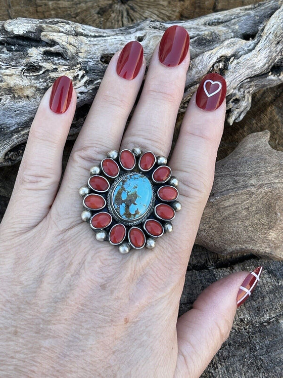 Navajo Sterling Silver Kingman Web Turquoise & Red Coral Taos Ring Sz 7.5