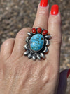 Navajo Sterling Kingman Web Turquoise & Red Coral Taos Collection Ring Sz 6.5