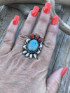 Navajo Sterling Kingman Web Turquoise & Red Coral Taos Collection Ring Sz 7.5