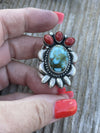 Navajo Sterling Kingman Web Turquoise & Red Coral Taos Collection Ring Sz 8.5