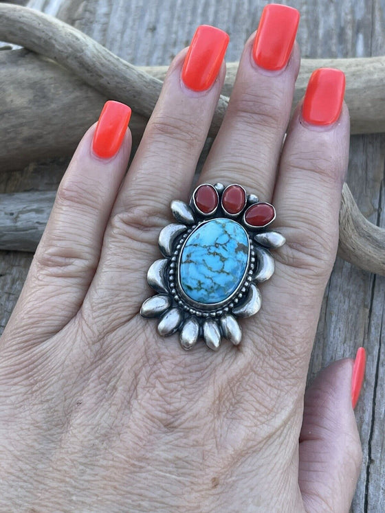 Navajo Sterling Kingman Web Turquoise & Red Coral Taos Collection Ring Sz 6.5