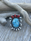 Navajo Sterling Kingman Web Turquoise & Red Coral Taos Collection Ring Sz 6.5