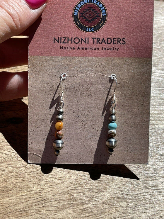 Navajo Sterling Silver Pearl, Turquoise & Spiny Spice Beaded Earrings