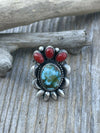 Navajo Sterling Kingman Web Turquoise & Red Coral Taos Collection Ring Sz 8.5