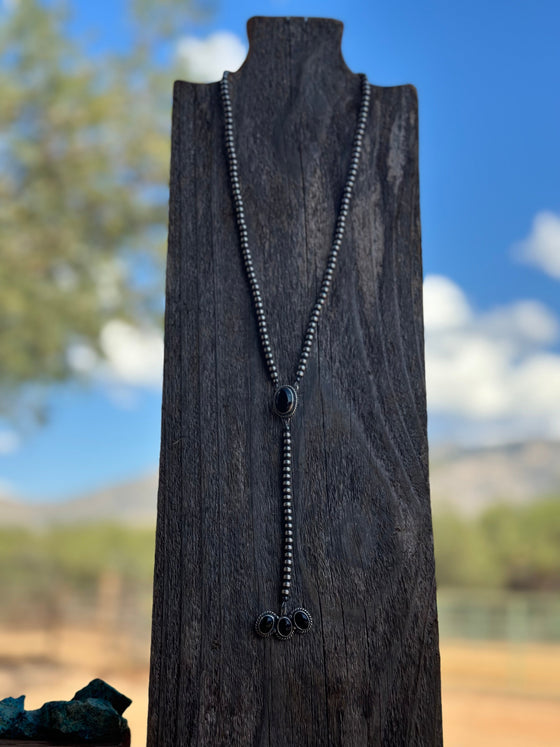 Navajo Onyx & Sterling Silver Pearl Beaded Lariat Necklace