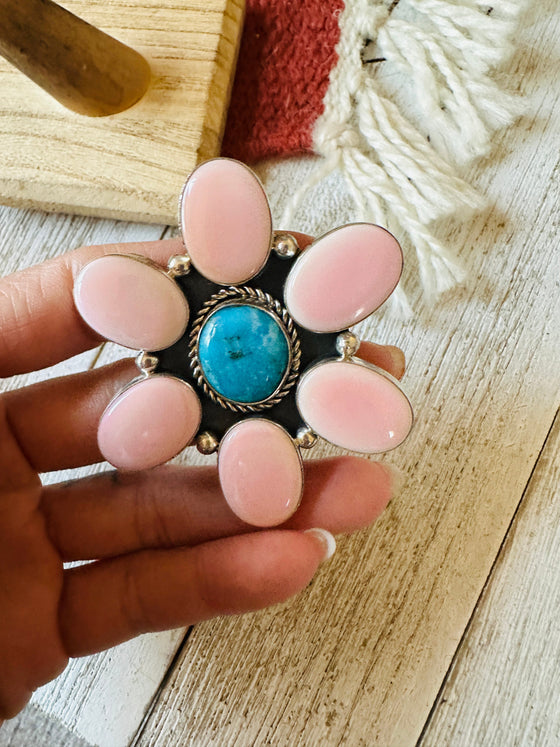 Navajo Sterling Silver, Queen Pink Conch & Turquoise Adjustable Flower Ring