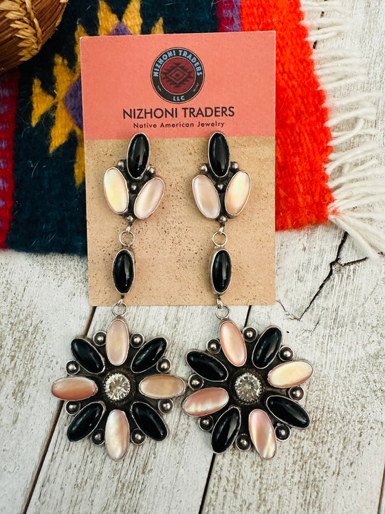 Navajo Mother of Pearl, Onyx & Sterling Silver Flower Dangle Earrings