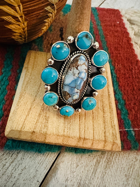 Navajo Sterling Silver & Multi Turquoise Cluster Adjustable Ring