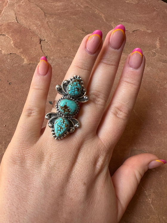 Beautiful Handmade Number 8 Turquoise And Sterling Silver Adjustable 3 Stone Ring