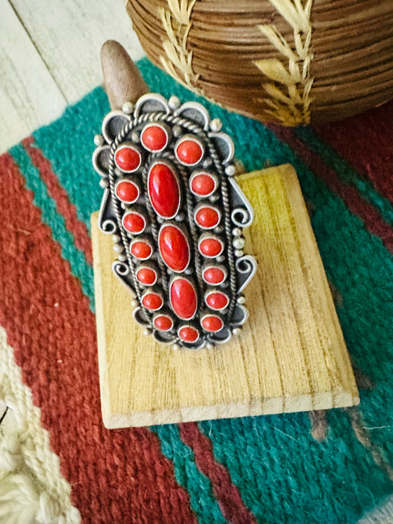 Navajo Sterling Silver and Coral Cluster Ring