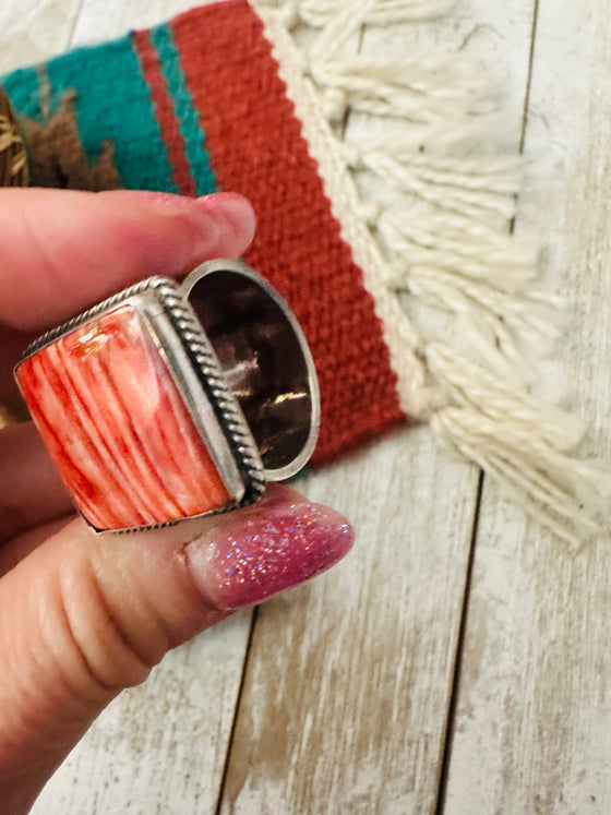 Navajo Sterling Silver & Spiny Oyster Cigar Band Ring Size 9.5