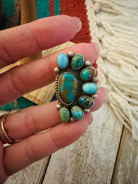 Navajo Sterling Silver & Turquoise Cluster Adjustable Ring