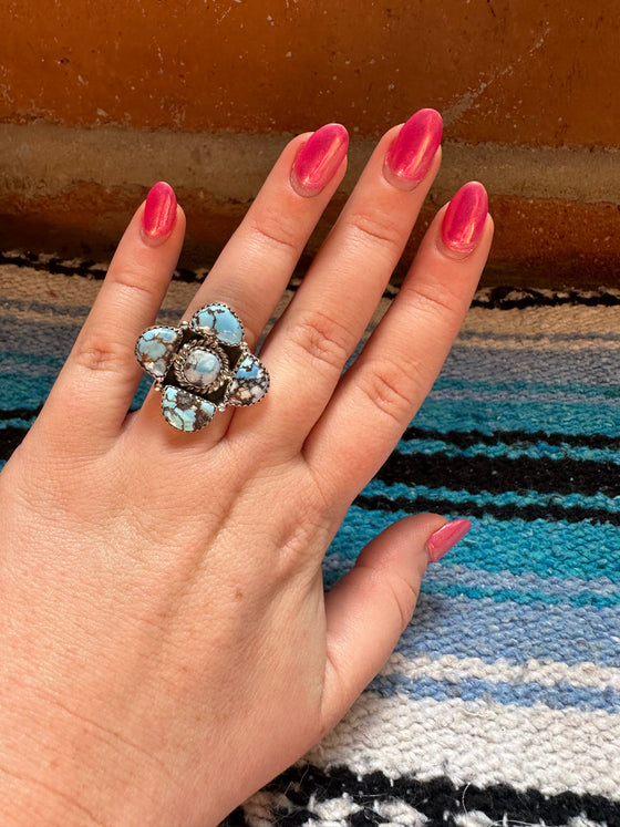 Beautiful Handmade Golden Hills Turquoise And Sterling Silver Adjustable 5 Stone Ring