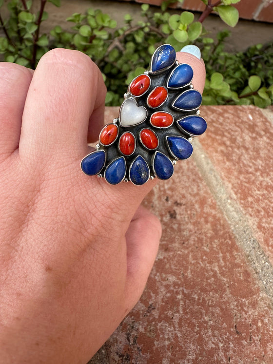 4TH OF JULY COLLECTION Handmade Coral, Lapis, Mother of Pearl Adjustable Crescent Ring