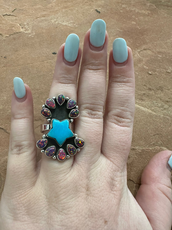 Beautiful Handmade Turquoise, Fire Opal And Sterling Silver Adjustable Star Ring