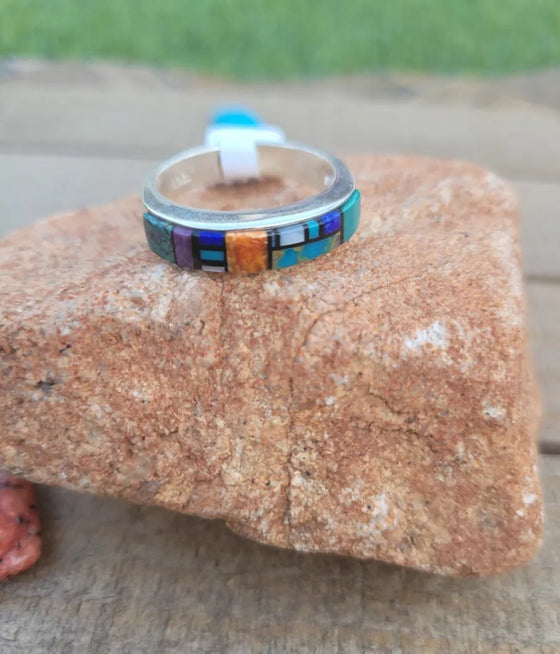 Navajo Sterling Silver & Multi Stone Inlay Band Ring Size 12.5