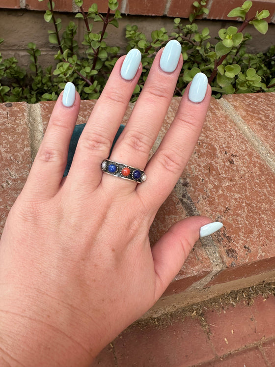 4TH OF JULY COLLECTION Handmade Coral, Lapis, Mother of Pearl Adjustable Band Ring