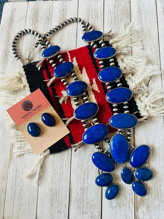 Vintage Old Pawn Navajo Lapis & Sterling Silver Beaded Squash Blossom Necklace Set