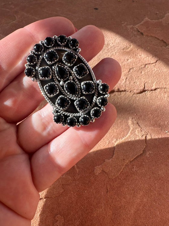 Beautiful Handmade Onyx And Sterling Silver Adjustable Cluster Ring