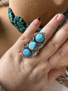 3 Stone Beautiful Handmade Golden Hills Turquoise And Sterling Silver Adjustable Ring