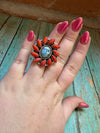 Beautiful Handmade Sterling Silver, Golden Hills Turquoise & Coral Adjustable Ring