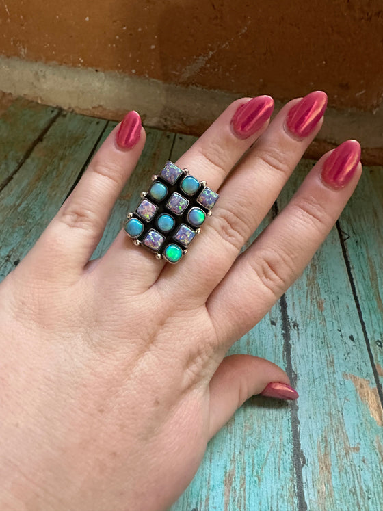 Handmade Sterling Silver, Opal & Fire Opal Adjustable Ring