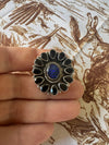 Beautiful Handmade Blue Fire Opal, Black Onyx & Sterling Silver Adjustable Ring Signed Nizhoni