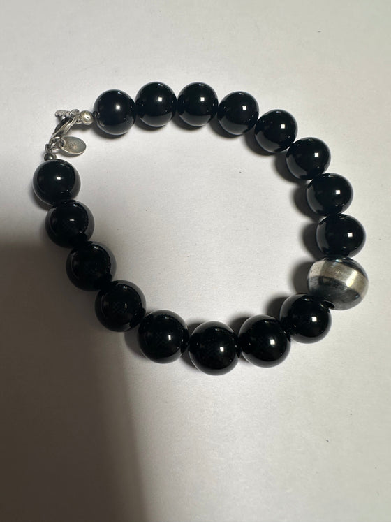 Navajo 8mm Sterling Silver Pearl & Black Onyx Beaded Bracelet