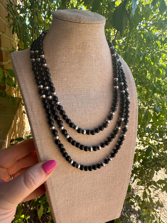 Navajo Pearl Sterling Silver & Black Onyx Beaded Necklace