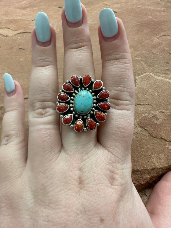 Handmade Red Fire Opal, Turquoise & Sterling Silver Adjustable Ring Signed Nizhoni