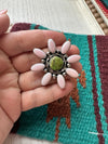“Pink Blossom” Gorgeous Navajo Turquoise, Pink Conch And Sterling Silver Adjustable Flower Ring Signed