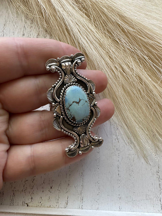 “The Statement Ring” Handmade Sterling Silver & Golden Hills Turquoise Adjustable Ring Signed Nizhoni