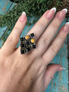 Beautiful Handmade Onyx, Orange Spiny And Sterling Silver Adjustable Cluster Ring Style 4